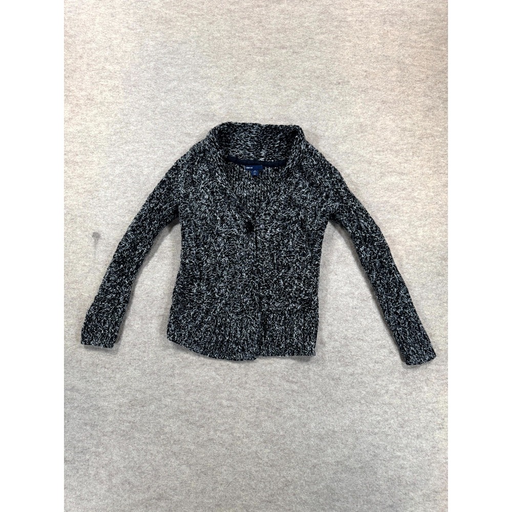 Gap Marled Cardigan Sweater Kids S (6-7) Black White Chunky Knit Shawl Collar